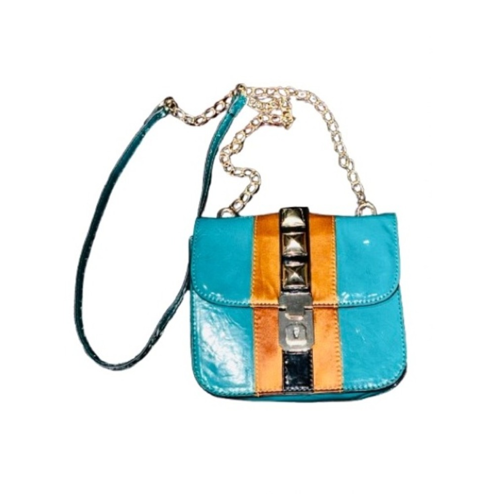 MELIE BIANCO Teal Colorblock Patent Chain Crossbody Bag Retro Studded | 7.5"